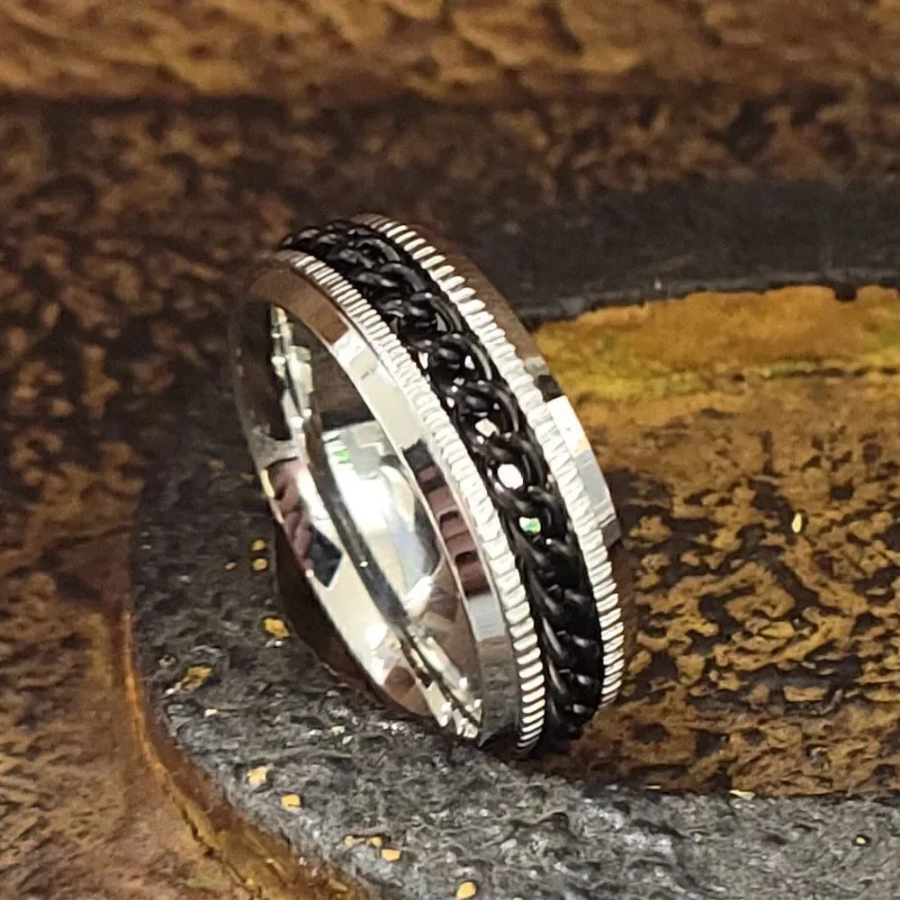 Men's Black Chain Fidget Spinner Wedding Band - Anxiety Ring for Men
